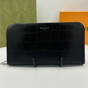 Yves Saint Laurent YSL Black Crocodile Embossed Leather Zip Around Wallet